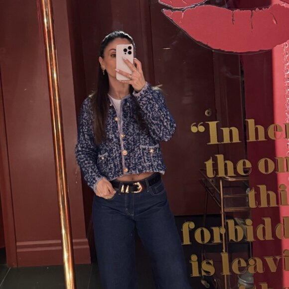 Zara Cable knit jacket Navy Tweed Blazer with Gold Buttons M L NWT - Picture 4 of 14